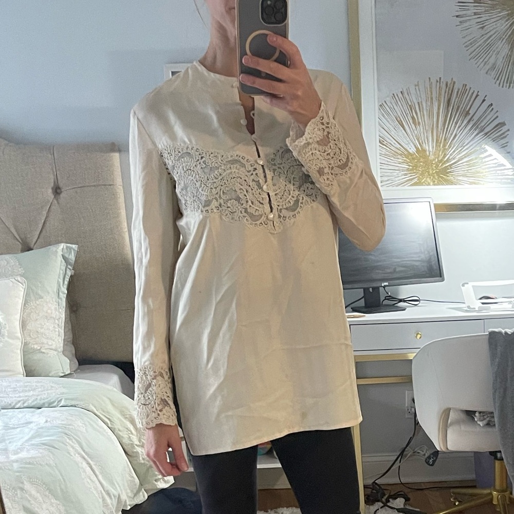 Cream Long Sleeve Lace Trim Blouse